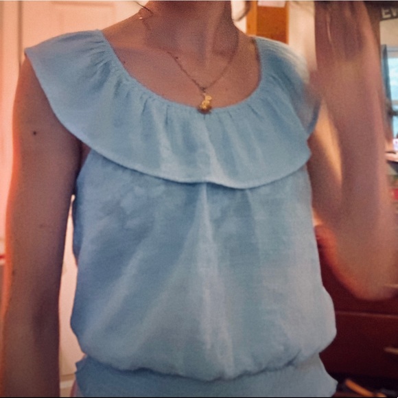 mine Tops - Mine Ruffle Sleeve Light Blue Sleeveless Top
